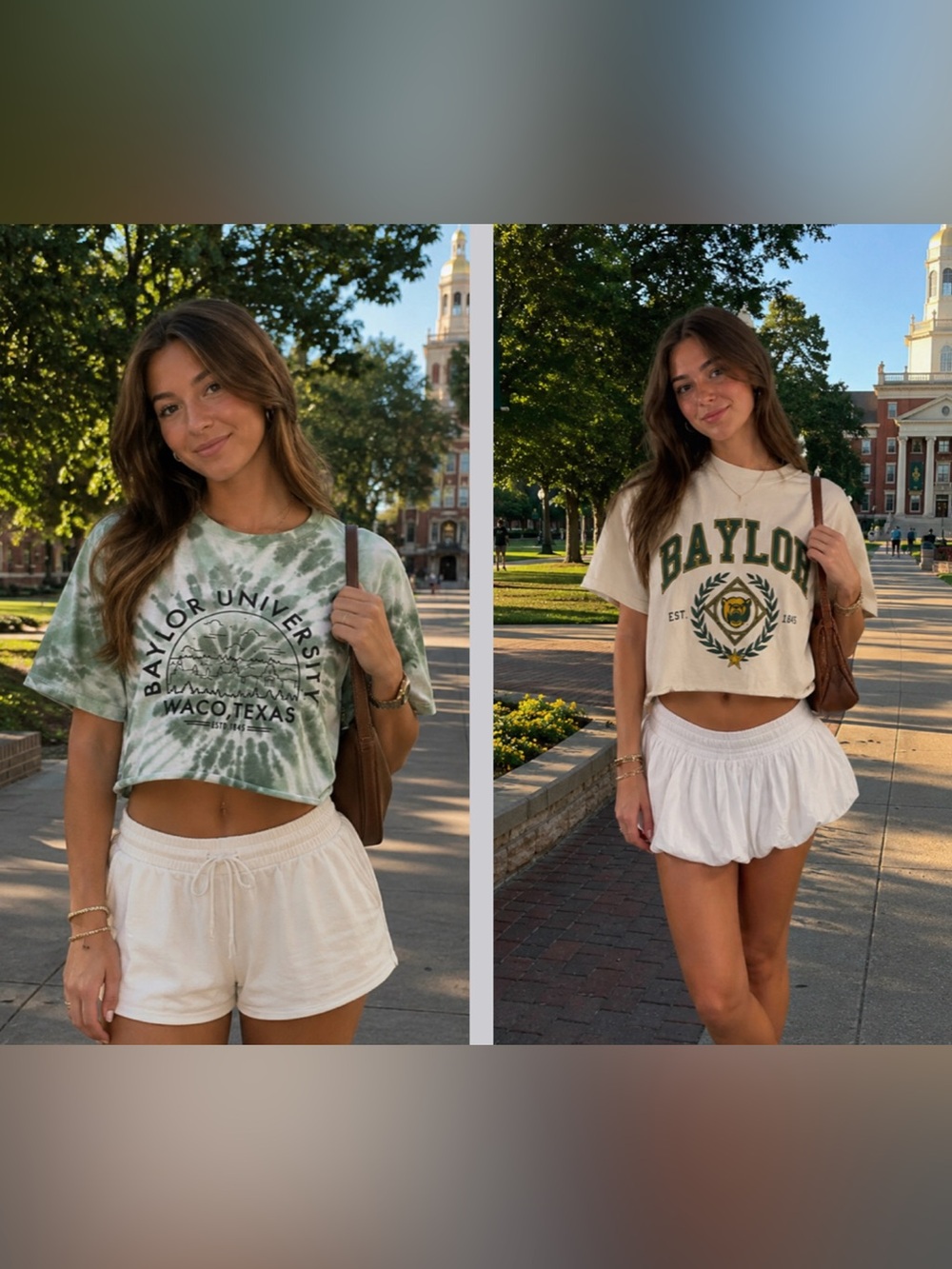 Baylor Set (2) Cropped Tees Tie-Dye Green Spiral & Tan Women's Casual Crop Top